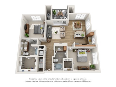 Floor plan for 2 beds, 2 baths, 1161 sqft